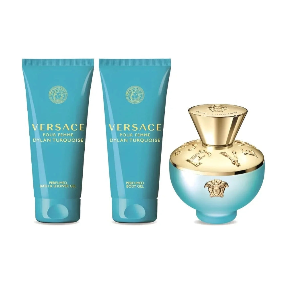Versace Pour Femme Dylan Turquoise For Women Set EDT 100ml + Perfumed Body Gel 100ml + Perfumed Bath & Shower Gel 100ml + Small Beauty Case