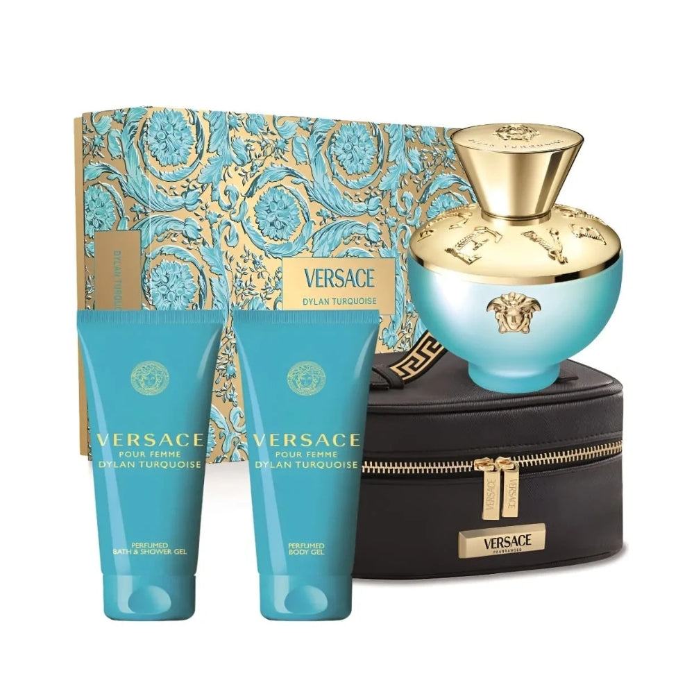 Versace Pour Femme Dylan Turquoise For Women Set EDT 100ml + Perfumed Body Gel 100ml + Perfumed Bath & Shower Gel 100ml + Small Beauty Case