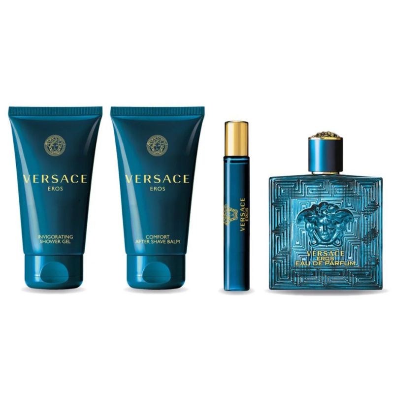 Versace Eros For Men Set EDP 100ml + EDP 10ml Travel Spray  + Comfort Aftershave Balm 75ml + Invigorating Shower Gel 75ml