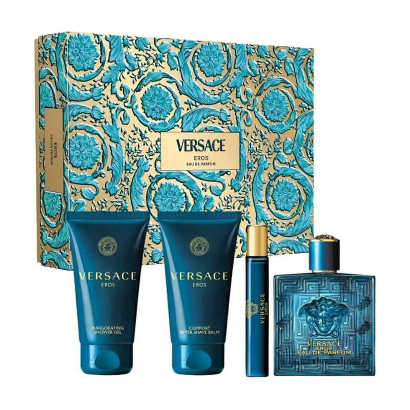 Versace Eros For Men Set EDP 100ml + EDP 10ml Travel Spray  + Comfort Aftershave Balm 75ml + Invigorating Shower Gel 75ml