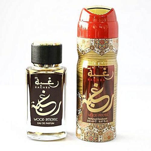 Lattafa Raghba Wood Intense Gift Set ( EDP Perfume 100ml and Deodorant 200ml) - samawa perfumes 