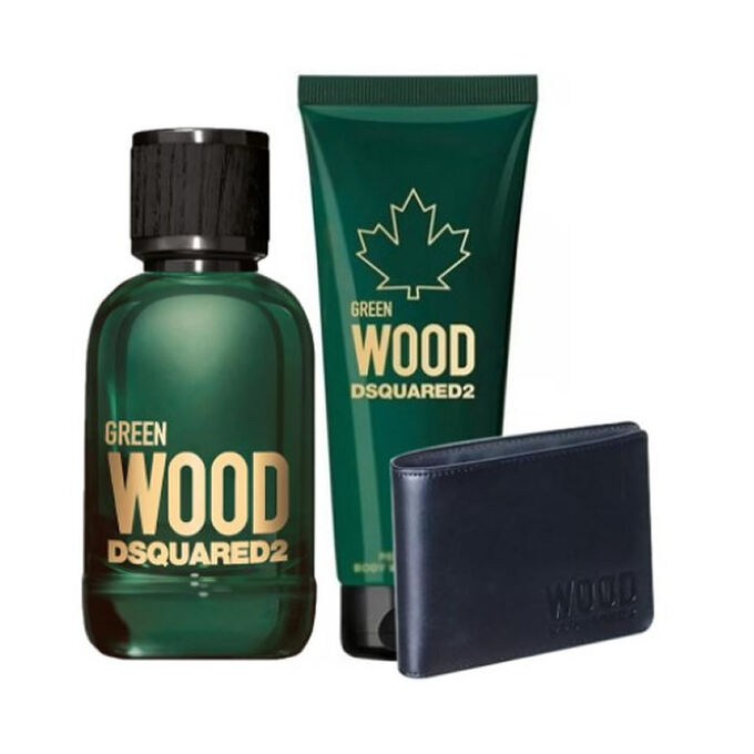 DSQUARED² WOOD GREEN POUR HOMME FOR MEN SET EDT 100 ml + BATH & SHOWER GEL 100 ml + BLACK WALLET - samawa perfumes 