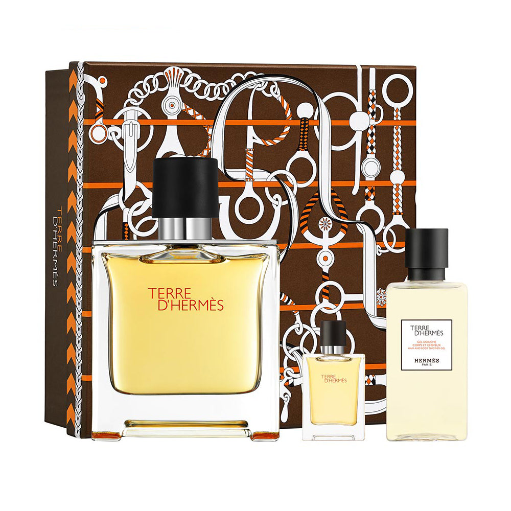 Hermes Terre D'Hermes Set For Men Pure Parfum 75 ml + Pure Parfum 5 ml + Hair&Body Shower Gel 40 ml - samawa perfumes 